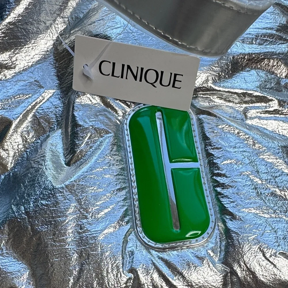 Clinique Silver Metallic Tote with Green Logo Accent
